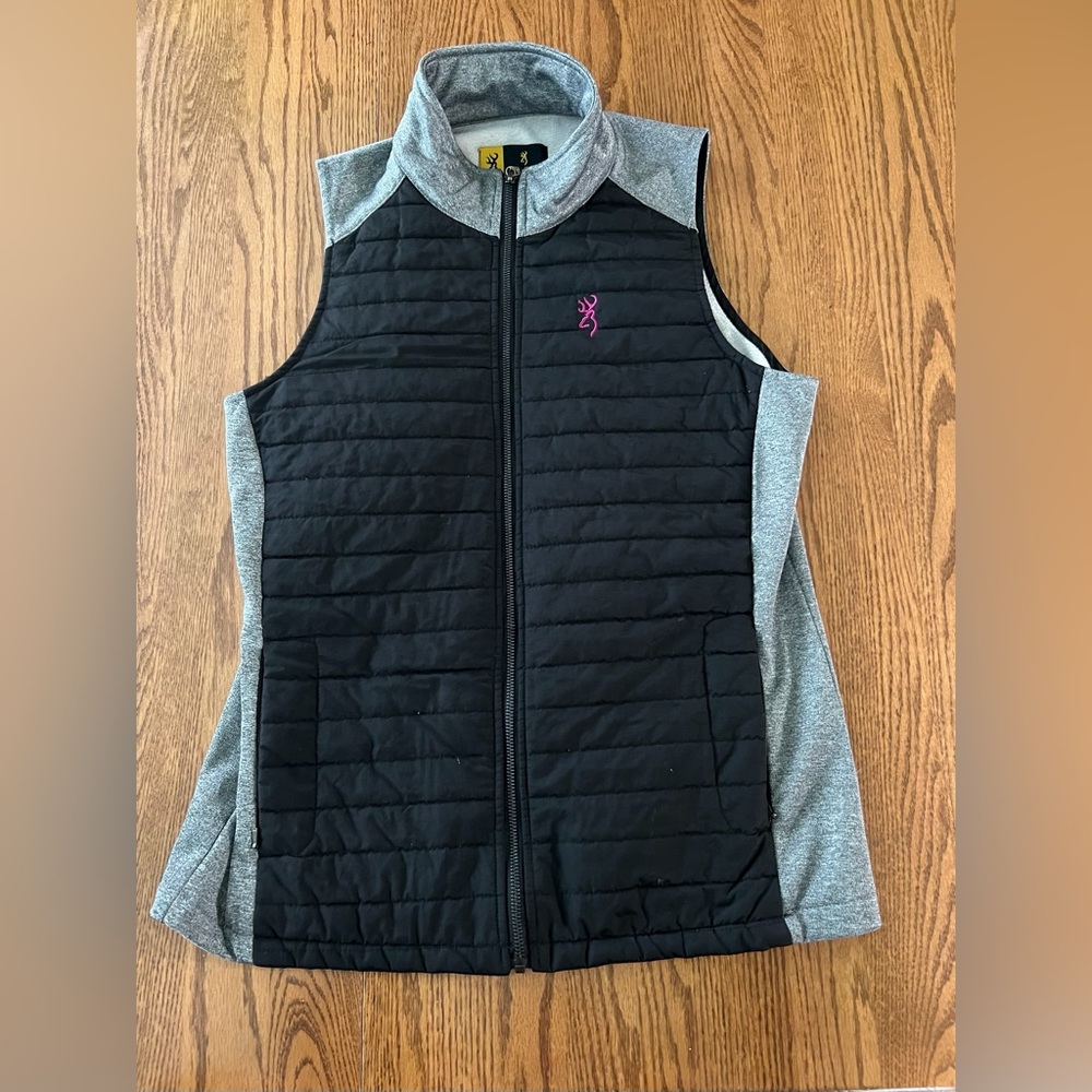 Browning Quilted Black & Gray Vest with Pink Logo Large